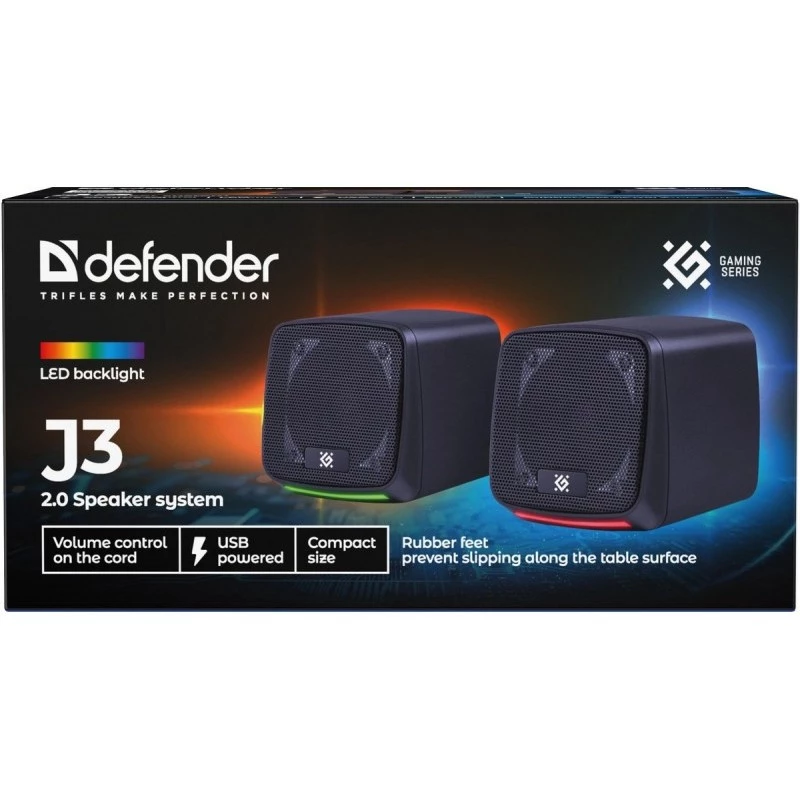 PC skaļruņi DEFENDER J3 2.0 6W LED USB, 2×3W RMS, 90–20000 Hz, 3.5 mm, melni