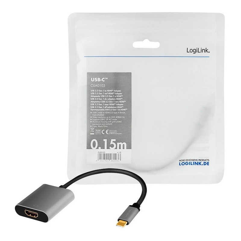 LogiLink CUA0103 USB 3.2 Gen1 Type-C uz HDMI-A kabelis 0,15 m Melns Pelēks