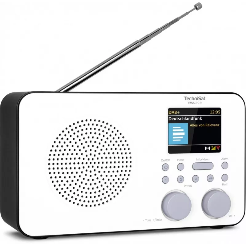 Interneta radio TECHNISAT VIOLA 2 C IR — Analogā & digitālā uztvērēja, DAB+/FM, Wi‑Fi, 3 W, 2,4 collu TFT, 3,5 mm, melns/baltss