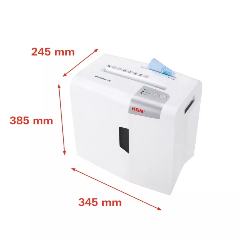 Papīra smalcinātājs HSM X5 daļiņu griešanas P-4, 22 cm darba platums, 4,5 mm daļiņas, 5 lapu ietilpība, 18 l tvertne