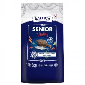Sausā suņu barība BALTICA EXCELLENT Senior Vitality M/L 12 kg — zivs, 26% proteīna, 12% tauku, vidējiem/lieliem vecākiem suņiem
