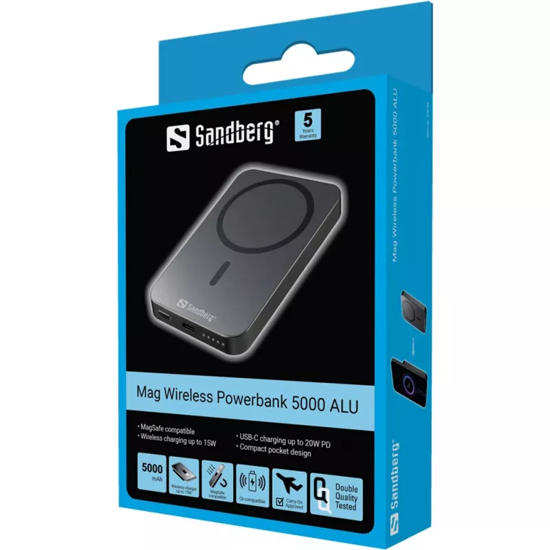 Pārnēsājams ārējais akumulators Sandberg Mag Wireless Powerbank 5000 ALU, 5000 mAh