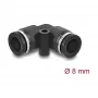Pneimatiskais savienotājs DELOCK 8 mm 90° leņķī ar montāžas caurumu, melns, metāls/plastmasa, iekšējā vītne, 30 mm