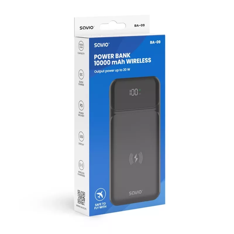 Savio BA-09 bezvadu pārnēsājamais akumulators, 10000 mAh, melns