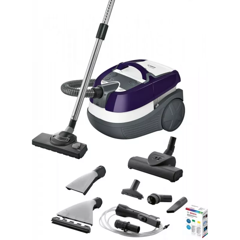 Mitrā un sausā putekļsūcējs Bosch BWD 41740 AquaWash&Clean — 1700 W, 5 L tvertne, EPA filtrs, teleskopiskā caurule, 9 m rādiuss, violets