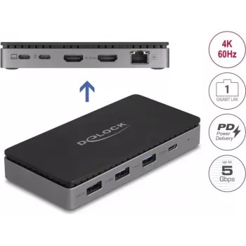 DeLOCK USB Type-C dokstacija 4K Dual HDMI MST USB Gigabit LAN PD 85W