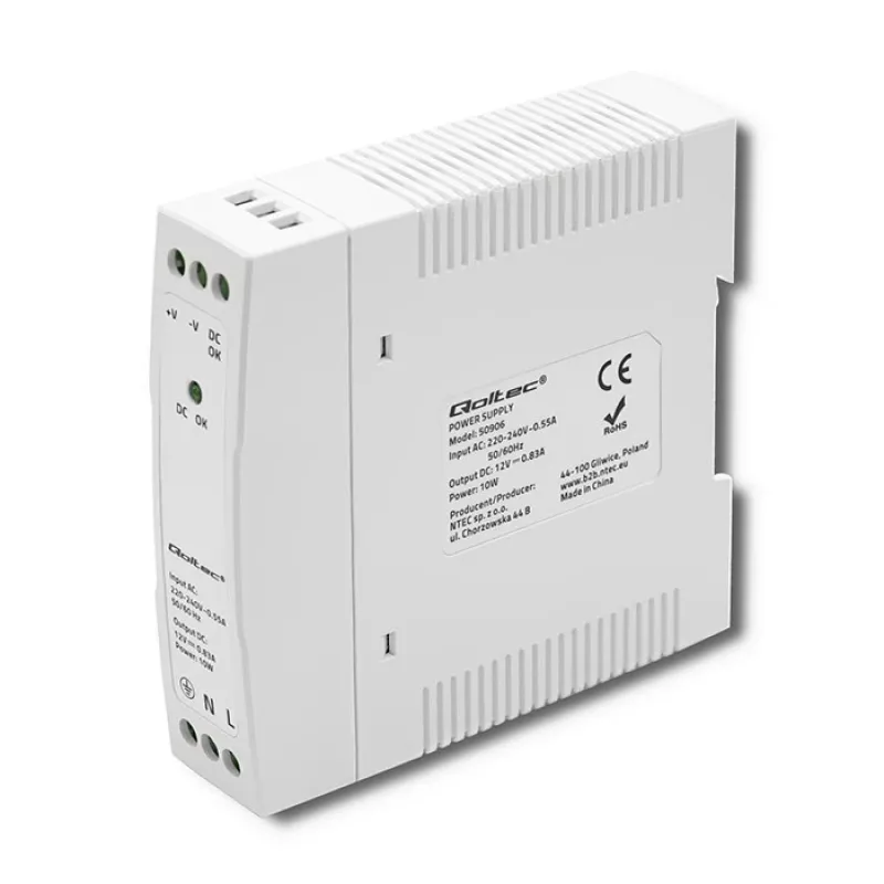 DIN sliedes barošanas bloks 10W, 12V, 0.83A, plāns