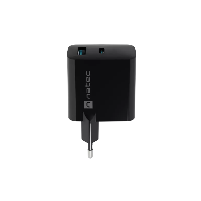 Vadu mobilo ierīču lādētājs NATEC NUC-2143, 45 W, USB-C PD 3.0 + USB-A QC 3.0, 110–240 V, melns
