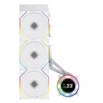 Viss-vienā šķidruma dzesētājs Lian Li Hydroshift II LCD-C 360TL — 120 mm ventilatori, 200–2600 RPM, FDB, balts