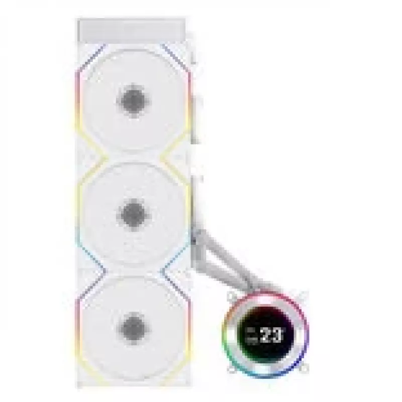 Viss-vienā šķidruma dzesētājs Lian Li Hydroshift II LCD-C 360TL — 120 mm ventilatori, 200–2600 RPM, FDB, balts