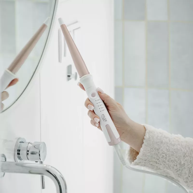 Lokšķēres Adler AD 2119 — konusveida 12–25 mm keramikas cilindrs, regulējama 120–200 °C, 45 W, rozā