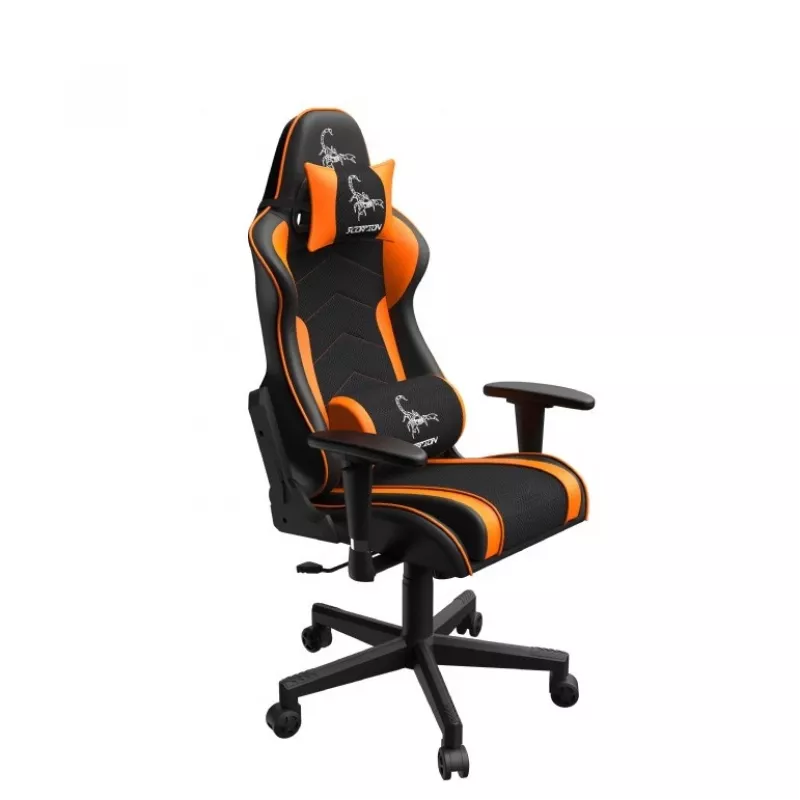 Spēļu krēsls GEMBIRD GC-SCORPION-04X melni oranžs, ergonomisks dizains, regulējama sēdpozīcija, augsta atzveltne