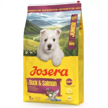 Sausā suņu barība JOSERA Mini Junior Duck & Salmon 900 g — mazu šķirņu kucēniem, olbaltumvielas 29%, tauki 18%