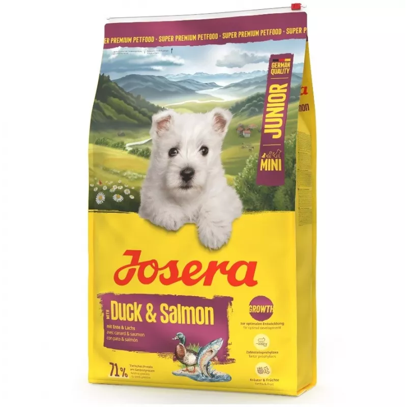 Sausā suņu barība JOSERA Mini Junior Duck & Salmon 900 g — mazu šķirņu kucēniem, olbaltumvielas 29%, tauki 18%