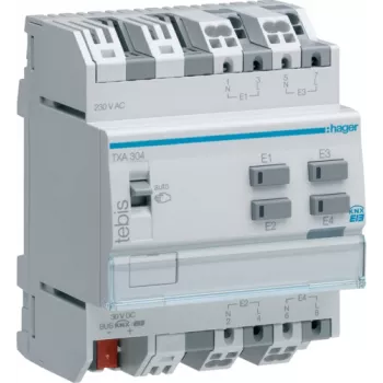 Digitālais/analogais I/O modulis Hager TXA304 — Digitālā ievade, 4 kanāli, 21–32 V līdzstrāva, līdz 230 V, 50–60 Hz