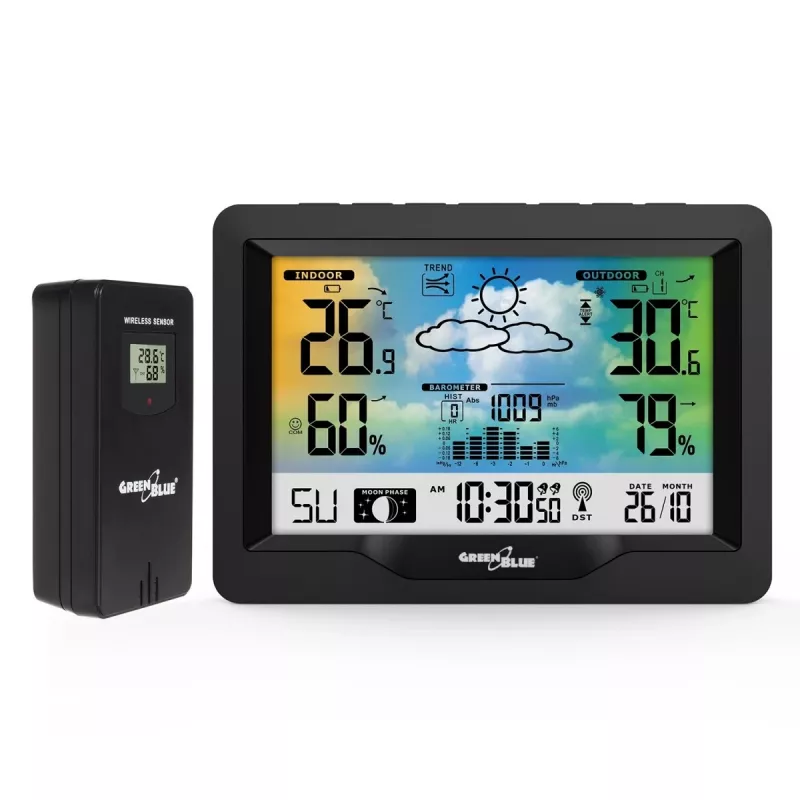 Hygrometer Thermometer GreenBlue GB540 — indoor 0–50°C / outdoor -20–65°C, DCF pulkstenis, āra sensors 60 m, melns