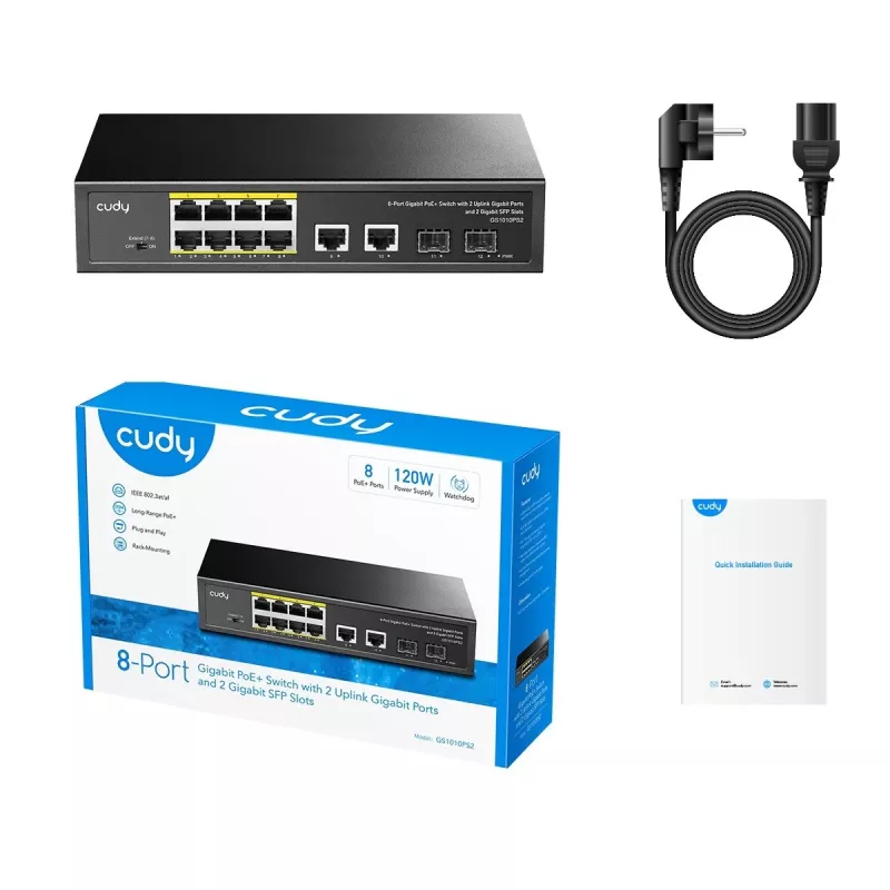 Cudy GS1010PS2 tīkla slēdzis Nepārvaldāms Gigabit Ethernet (10/100/1000) Power over Ethernet (PoE) Melns