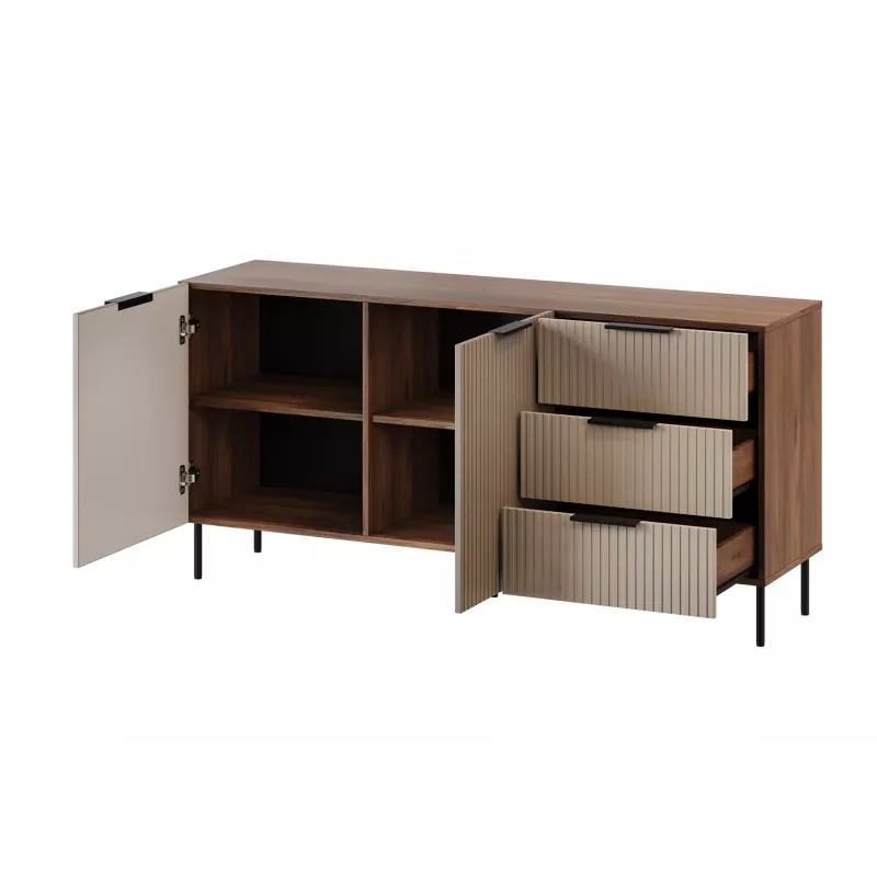 Kumode cama meble ALMERA 156×42×75 cm, valrieksts/kašmirs, 3 atvilktnes, skaidu plāksne
