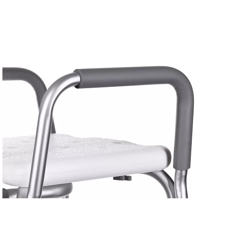 Dušas krēsls ActionMed KP300AM ar atzveltni un roku balstiem, polipropilēns, regulējams augstums 43–56 cm, sēdeklis 40×33 cm, maksimālais lietotāja svars 110 kg