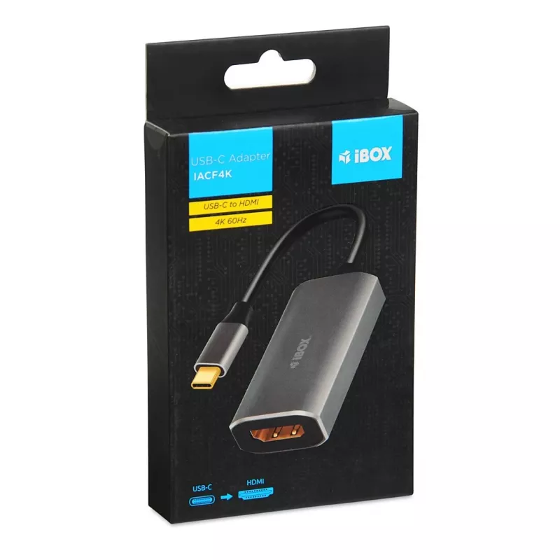 IBOX USB-C uz HDMI adaptera kabelis, modelis IACFAK, USB-C (vīrišķais) uz HDMI (sievišķais), 4K 60Hz, taisni savienotāji, sudraba krāsā