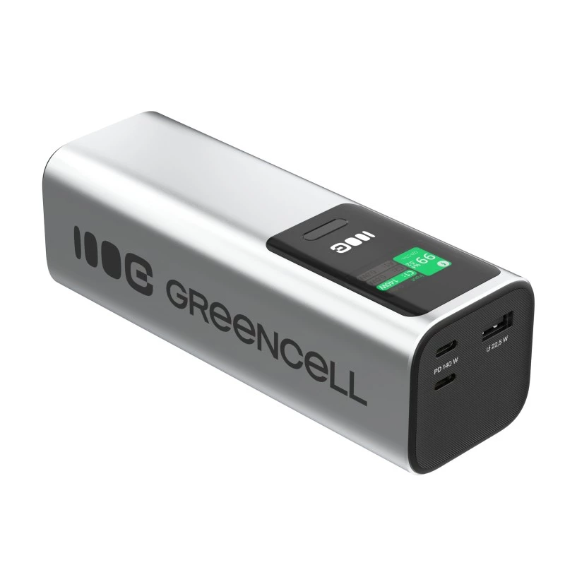 Portatīvais akumulators Green Cell PBGC25UD, 25200 mAh, Li‑Ion, 140 W kopējā jauda, 2× USB‑C + 1× USB‑A, OLED displejs, alumīnija korpuss