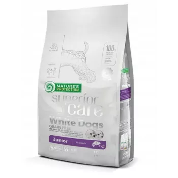 Sausā kucēnu barība nature’s protection Superior Care balta Dogs Grain Free Junior lasis 10 kg — sausā barība, bez graudiem, 26% olbaltumvielu, 15% tauku