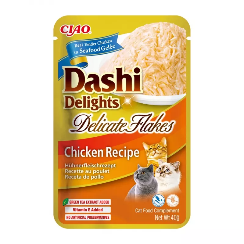 Slapjš kaķu kārums INABA Dashi Delights Delicate Flakes Chicken 40 g — diētisks, 86% mitruma, 12% olbaltumvielu