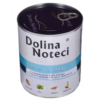 Mitrā suņu barība Dolina Noteci Premium ar jēra gaļu 800 g kanna — bez graudiem, pieaugušiem suņiem, olbaltumvielas 12 %, mitrums 77 %