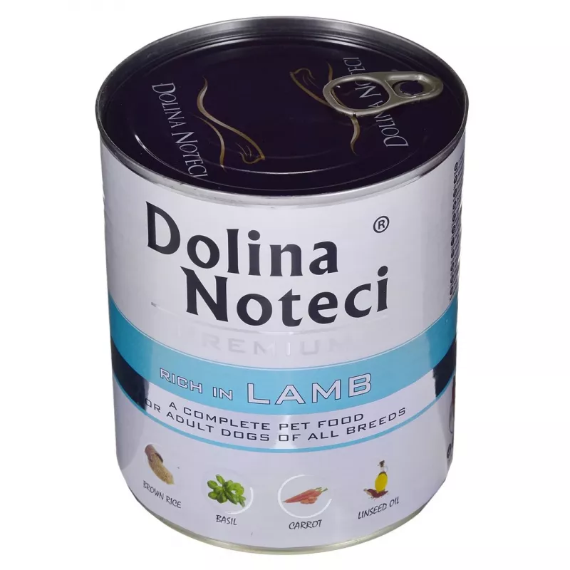 Mitrā suņu barība Dolina Noteci Premium ar jēra gaļu 800 g kanna — bez graudiem, pieaugušiem suņiem, olbaltumvielas 12 %, mitrums 77 %