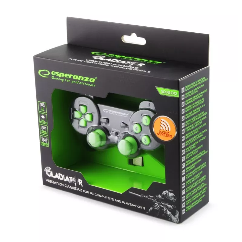 Vadu spēļu kontrolieris ESPERANZA EGG108G — USB 2.0, 12 pogas, analogais/digitālais, D-virziena poga, paredzēts datoram un PlayStation 3, melns/zaļš