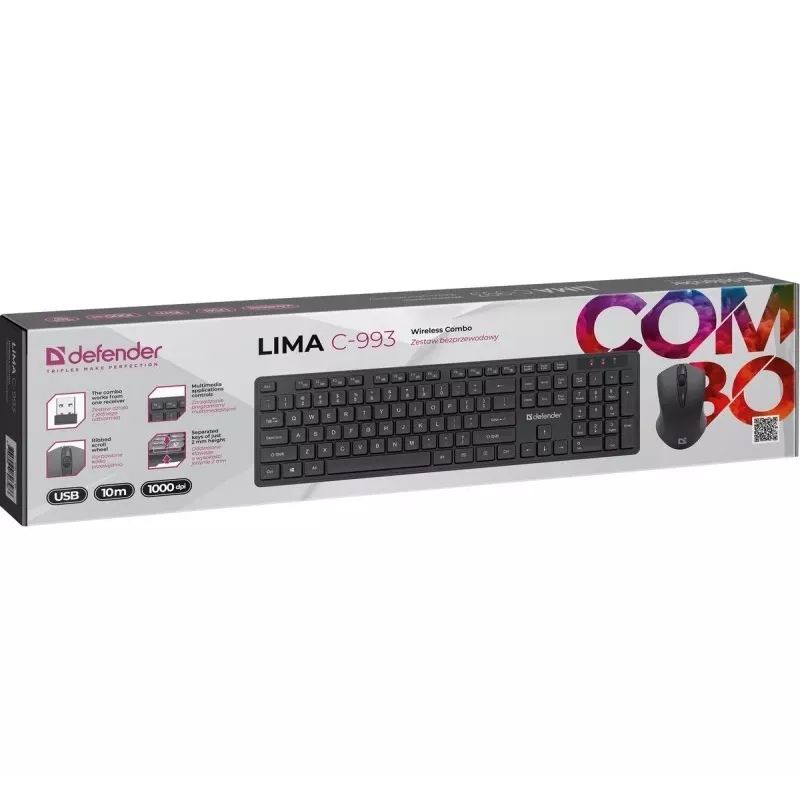 Bezvadu tastatūras un peles komplekts DEFENDER C-993 RF 45996 — RF savienojums, kompakts izkārtojums