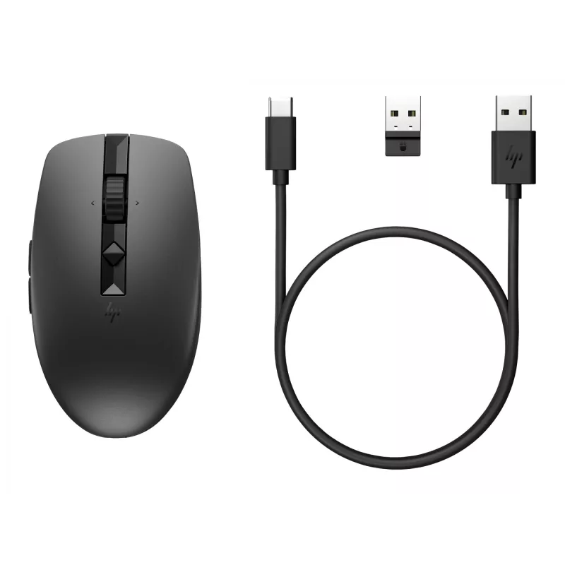 HP 710 Uzlādējama Bezskaņas Pele, Piemērota abām rokām, RF Bezvadu + Bluetooth, 3000 DPI, Melna