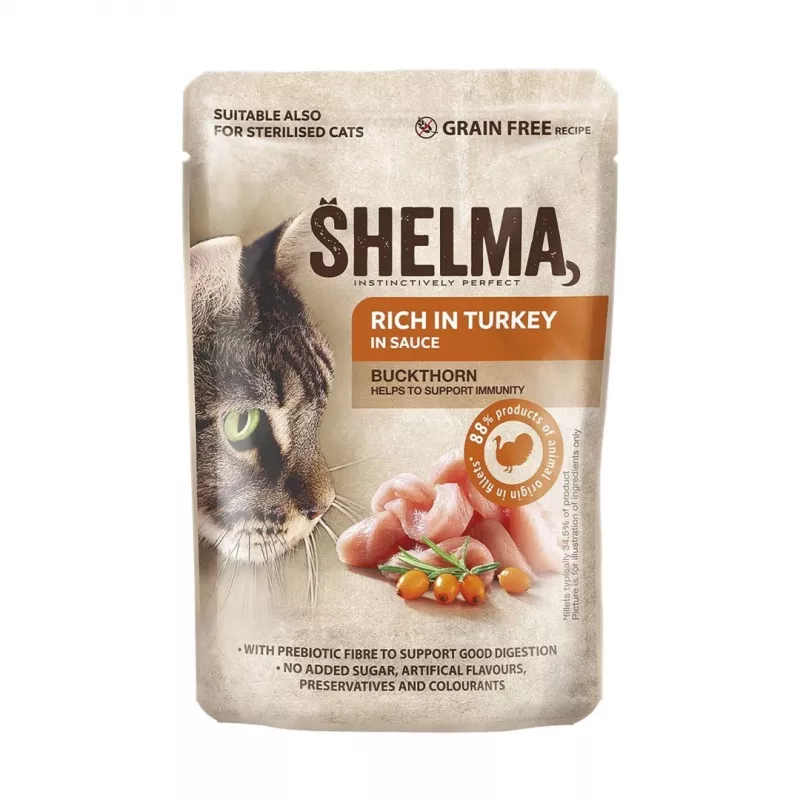 SHELMA ar tītaru, pīli, vistu un liellopu mērcē - mitrā kaķu barība - 12x85g