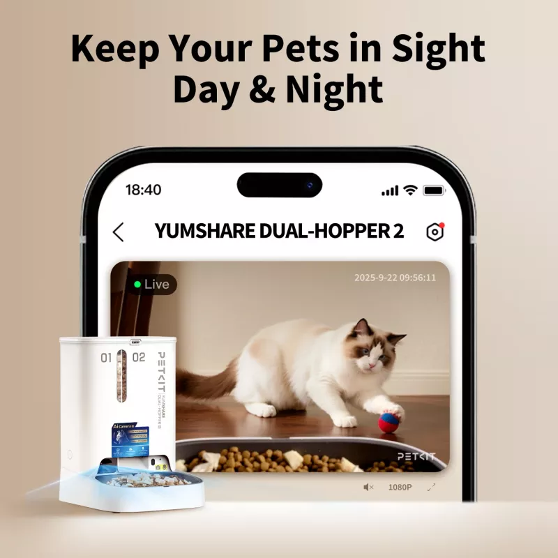 Automātiskā mājdzīvnieku barotava PETKIT YumShare Dual-hopper 2 ar kameru, 5 L ietilpība, ABS un 304 nerūsējošais tērauds, balta