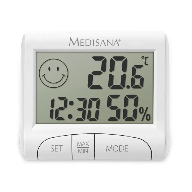 Elektronisks iekštelpu higrometrs Medisana HG 100 — digitāls termometrs, mitrums 20–90%, temp -10–50 °C, galda displejs, AAA baterija