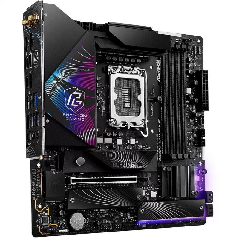 Mātesplate ASRock Phantom Gaming Z890M Riptide WiFi — Intel Z890, LGA1851, microATX, DDR5, 4x DIMM, 256GB, Wi‑Fi 6E, 2.5Gb LAN