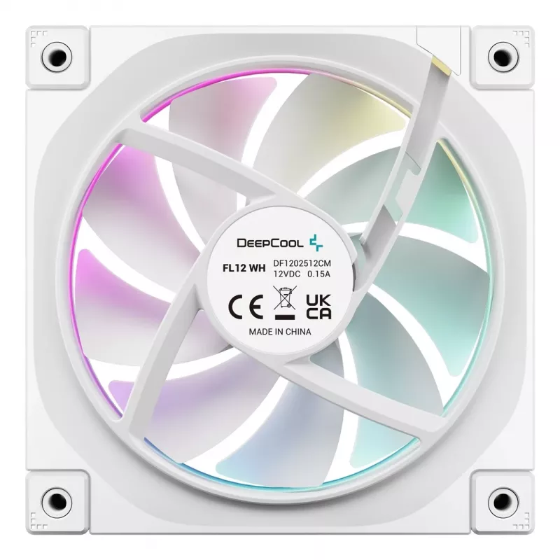 12 cm korpusa ventilators DeepCool FL12 WH — 3 gab. komplekts, 120×120×25 mm, 2150 RPM, 55 CFM, Fluid Dynamic Bearing, PWM, multi-LED, 4-pin