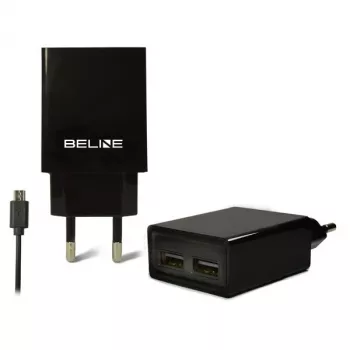 Ceļojumu lādētājs Beline Beli0011 — 2×USB pieslēgvietas, microUSB kabelis, 2A izeja, melns