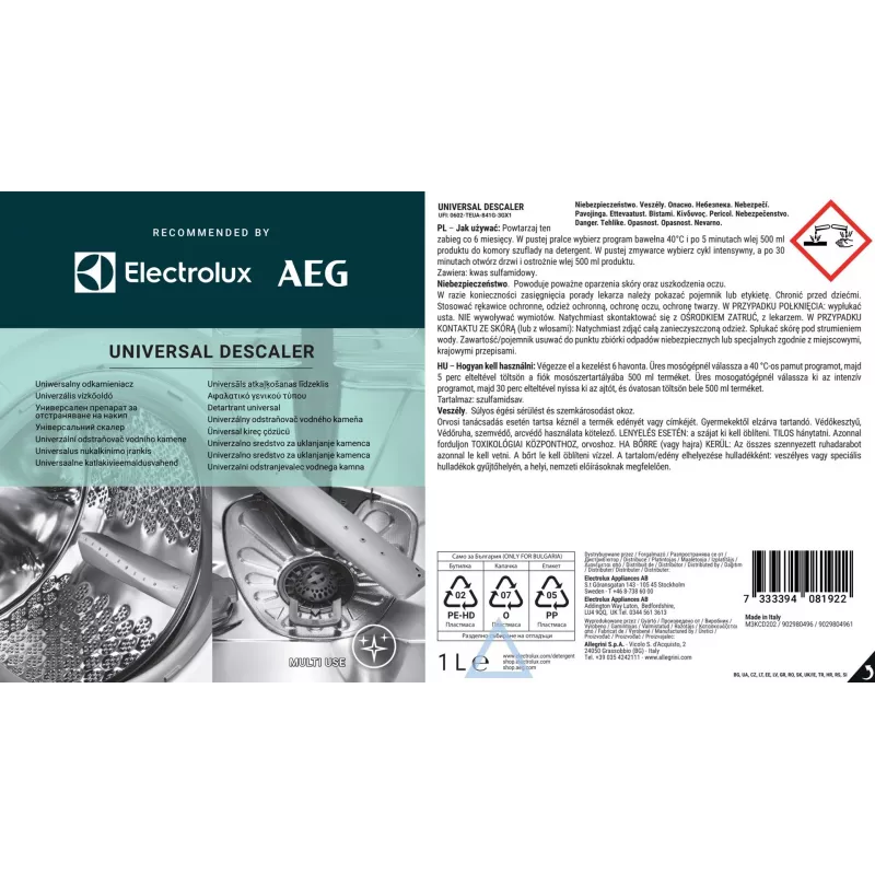 Atkaļķošanas līdzeklis Electrolux M3KCD202 1 L – universāls šķidrais atkaļķotājs tējkannām, kafijas automātiem, tvaika gludekļiem