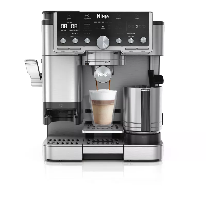 Espresso automāts Ninja ES701EU — pusautomātiskā kafija/espresso, iebūvēta dzirnaviņa, 2 L ūdens tvertne, 1650 W, 25 dzirnaviņu iestatījumi, piena tvertne, 14 bāru sūknis
