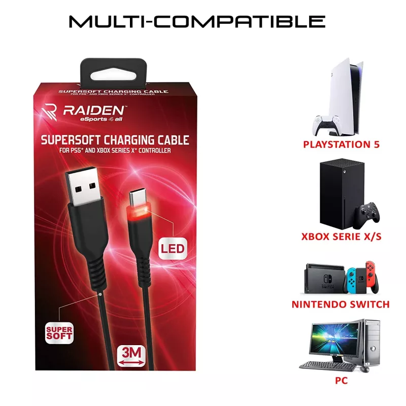 USB-C lādēšanas kabelis SUBSONIC SA5601 3 m – saderīgs ar PS5, Xbox, Nintendo Switch