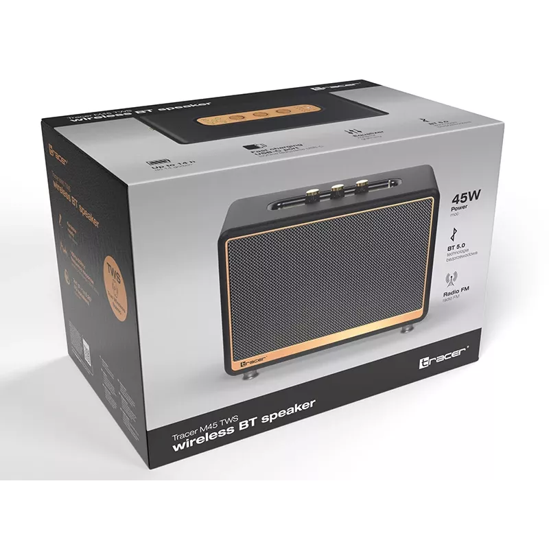 Pārnēsājams stereo skaļrunis TRACER M45 melns — Bluetooth 5.0, 45 W RMS, FM radio, iebūvēts mikrofons, bateriju darbināms