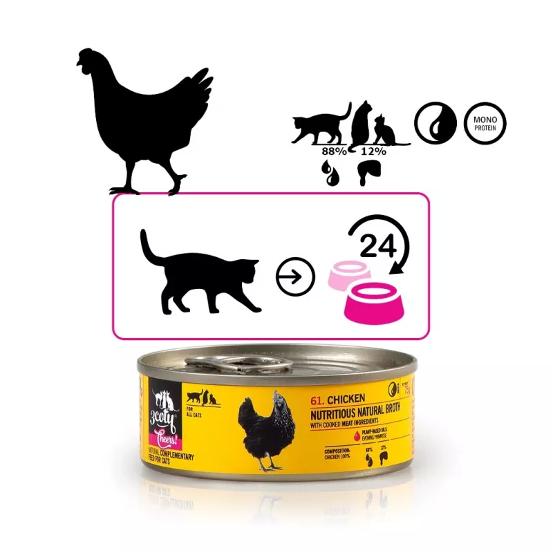 Mitrā kaķu barība 3coty Chicken Cheers 75 g — pilnvērtīga mitrā barība pieaugušiem kaķiem, porciju paciņa, 12 % olbaltumvielu, 7,5 % tauku, 80 % mitruma