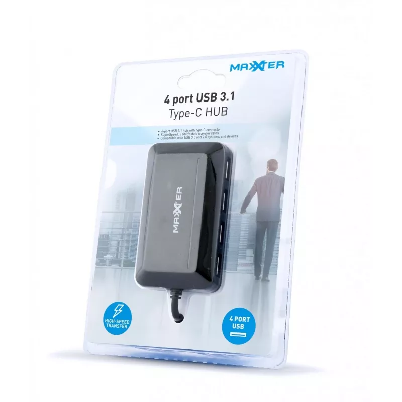 USB centrmezgls GEMBIRD ACT-HUB3C-4P — USB 3.2 Gen 1 Type-A resursdators uz 4 × USB 3.2 Gen 1 Type-C, 5000 Mbit/s, melns