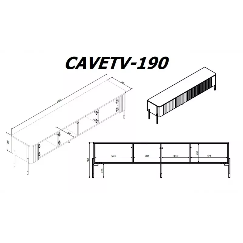 TV skapis cama meble VERA 190x40x50 cm — matēti melna virsma un rāmis