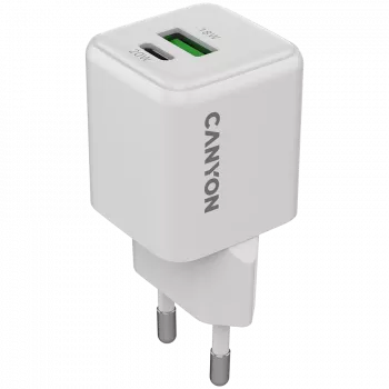 Canyon lādētājs CU20AC GaN 20W PD, 2 porti (USB-A/USB-C) balts (CNS-CUW20AC)