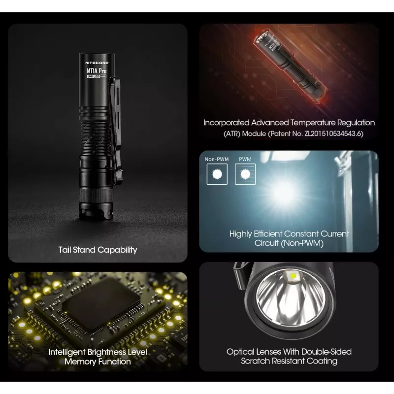 Rokas lukturis Nitecore MT1A Pro — LED 50 lm, uzlādējams caur USB, 1100 mAh, alumīnijs, ūdensizturīgs, triecienizturīgs, melns