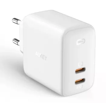 Sienas lādētājs Aukey PA-B4 2x USB balts GaN – kompakts USB strāvas adapteris ar diviem USB portiem