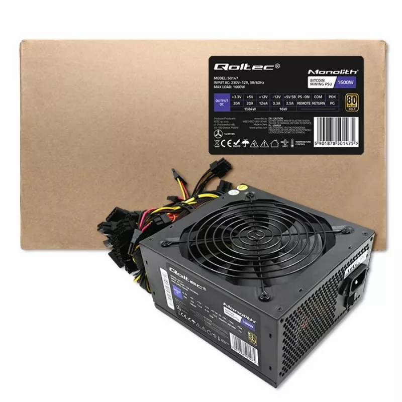 Barošanas bloks QOLTEC Gaming Miner 1600W Gold, 1600 W, ATX, zelta efektivitāte