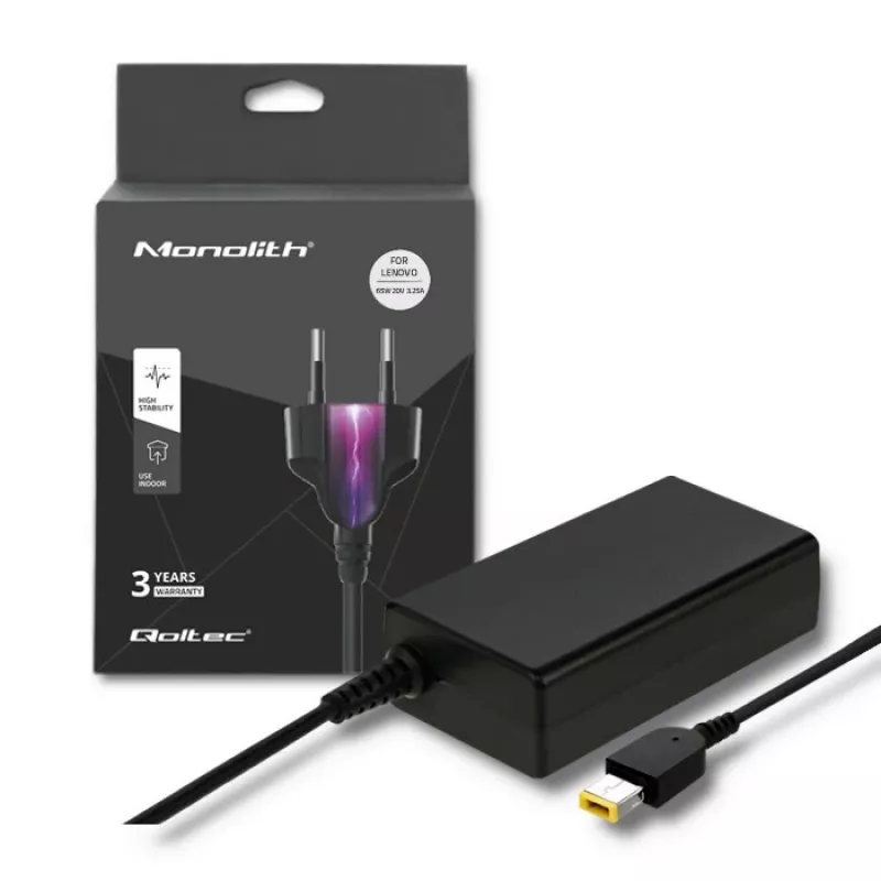 Barošanas adapteris QOLTEC 51556 iekštelpu 65W Lenovo klēpjdatoriem, 20V 3.25A, melns